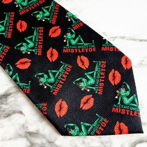Christmas Holiday Tie With Frogs, Lips, And Mistletoe, Black, Red, & Green